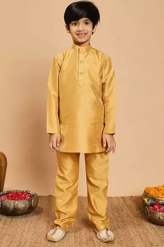 Boys yellow cotton silk kurta & pyjama set with jacquard nehru jacket
