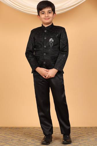 Boys black satin floral embroidered bandhgala set