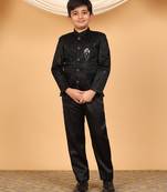 Boys black satin floral embroidered bandhgala set