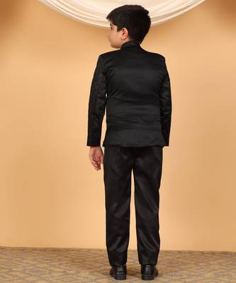 Boys black satin floral embroidered bandhgala set 2