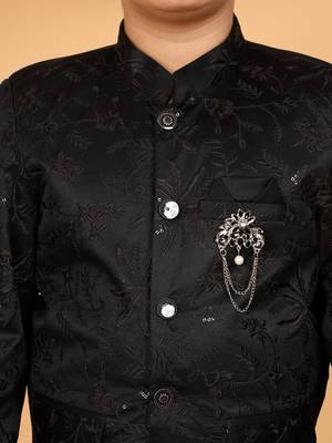 Boys black satin floral embroidered bandhgala set 3