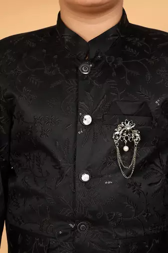 Boys black satin floral embroidered bandhgala set
