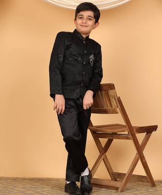 Boys black satin floral embroidered bandhgala set 4