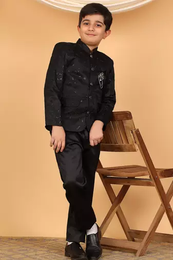 Boys black satin floral embroidered bandhgala set