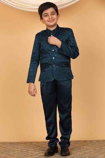 Boys teal blue satin floral embroidered bandhgala set