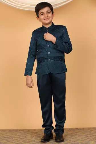 Boys teal blue satin floral embroidered bandhgala set