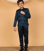Boys teal blue satin floral embroidered bandhgala set