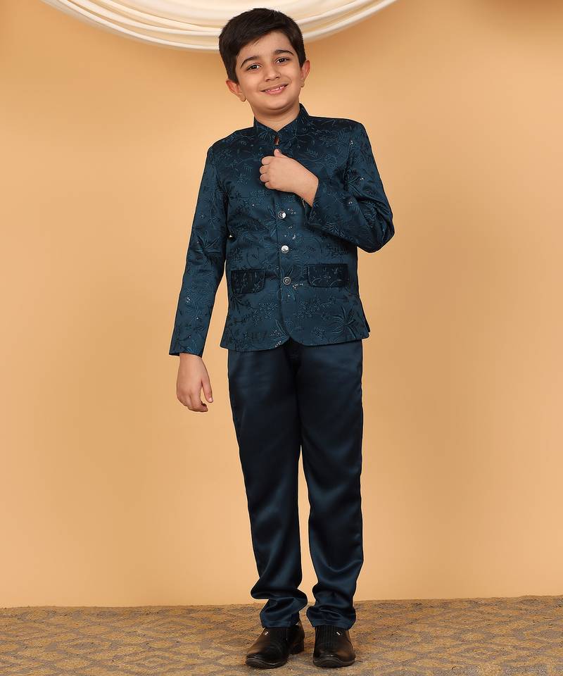 Boys teal blue satin floral embroidered bandhgala set
