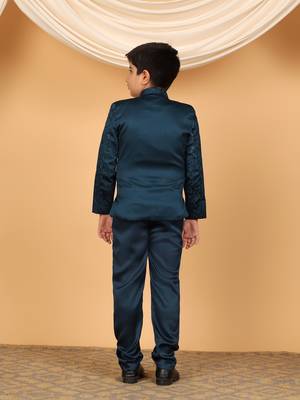 Boys teal blue satin floral embroidered bandhgala set 2
