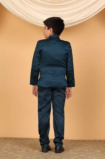 Boys teal blue satin floral embroidered bandhgala set