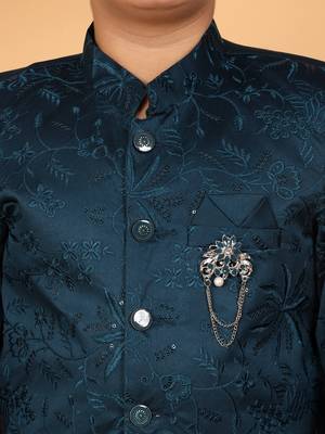 Boys teal blue satin floral embroidered bandhgala set 3