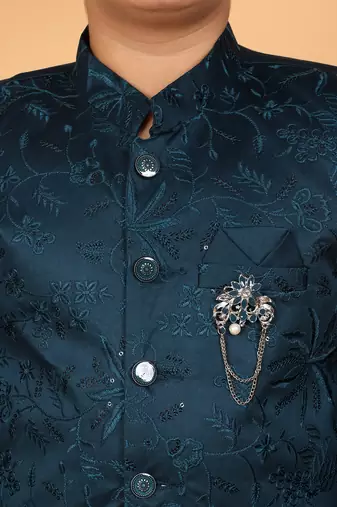 Boys teal blue satin floral embroidered bandhgala set