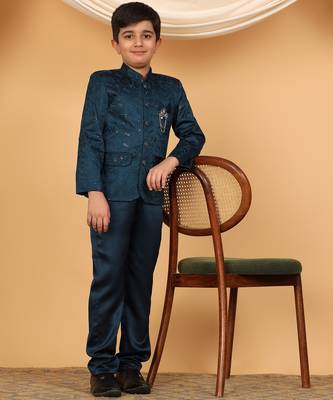 Boys teal blue satin floral embroidered bandhgala set 4