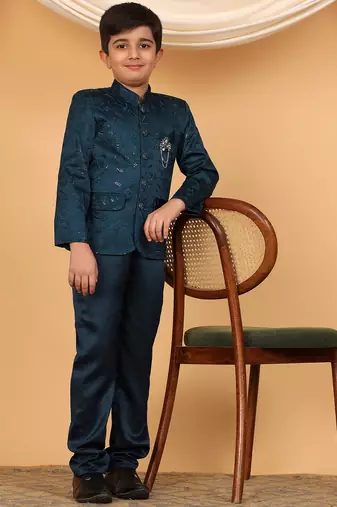 Boys teal blue satin floral embroidered bandhgala set