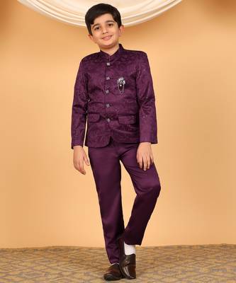 Boys wine satin floral embroidered bandhgala set 1