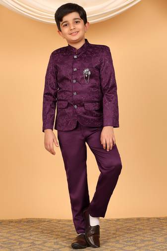 Boys wine satin floral embroidered bandhgala set