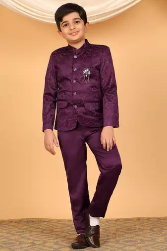 Boys wine satin floral embroidered bandhgala set