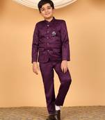 Boys wine satin floral embroidered bandhgala set