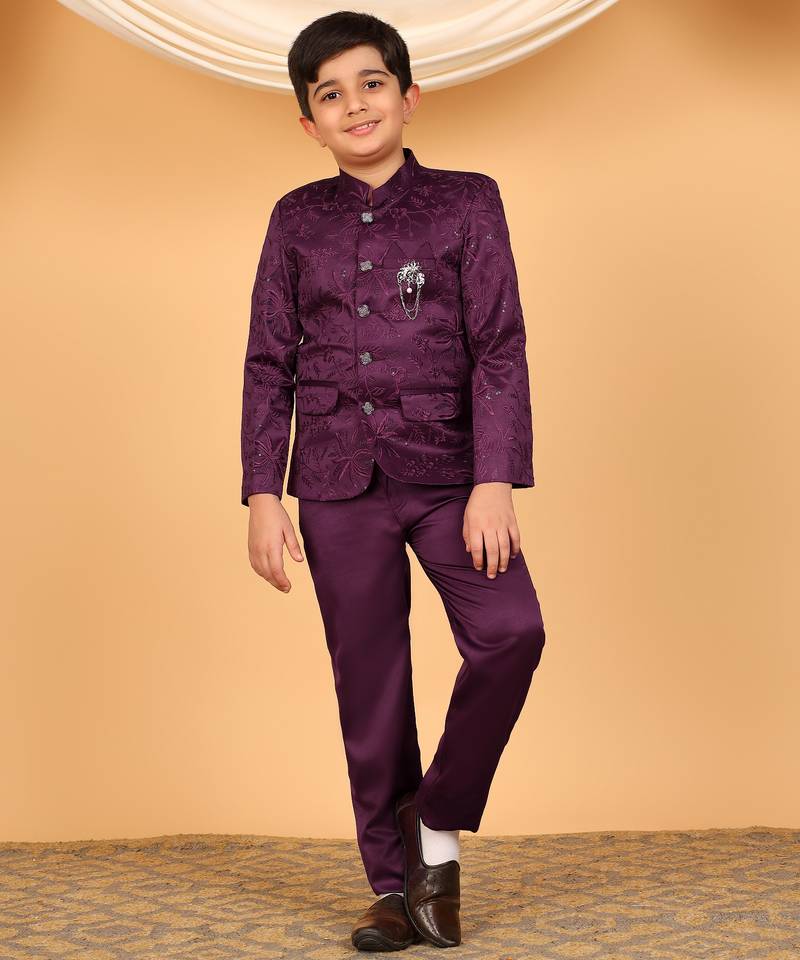 Boys wine satin floral embroidered bandhgala set