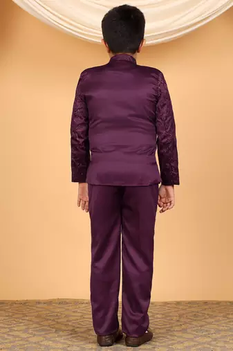 Boys wine satin floral embroidered bandhgala set
