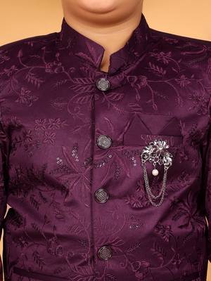 Boys wine satin floral embroidered bandhgala set 3