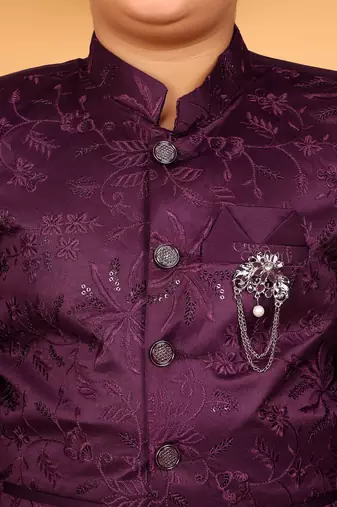Boys wine satin floral embroidered bandhgala set