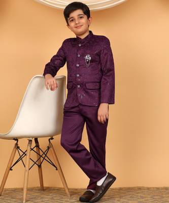 Boys wine satin floral embroidered bandhgala set 4