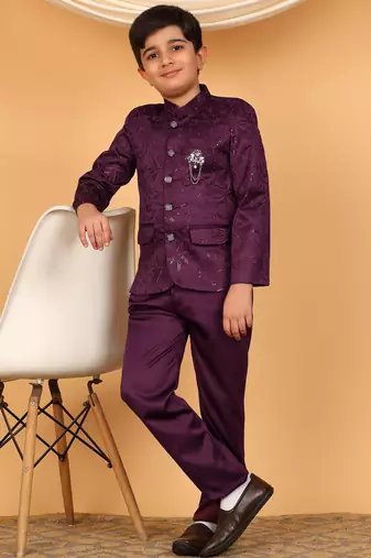 Boys wine satin floral embroidered bandhgala set
