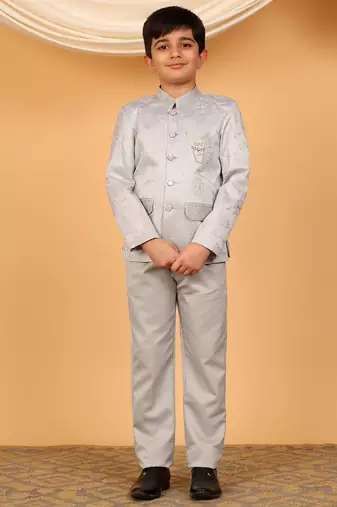 Boys grey satin floral embroidered bandhgala set