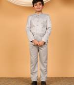 Boys grey satin floral embroidered bandhgala set