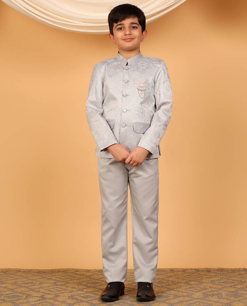 Boys grey satin floral embroidered bandhgala set