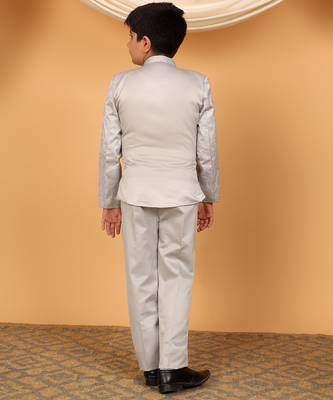 Boys grey satin floral embroidered bandhgala set 2