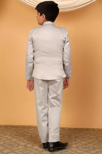 Boys grey satin floral embroidered bandhgala set