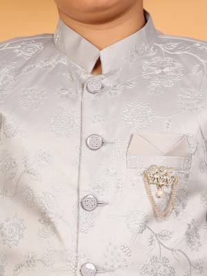 Boys grey satin floral embroidered bandhgala set 3