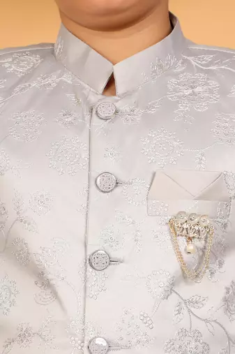 Boys grey satin floral embroidered bandhgala set