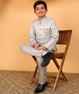 Boys grey satin floral embroidered bandhgala set 4