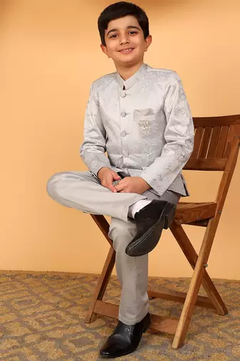 Boys grey satin floral embroidered bandhgala set