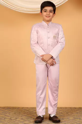Boys lilac satin floral embroidered bandhgala set