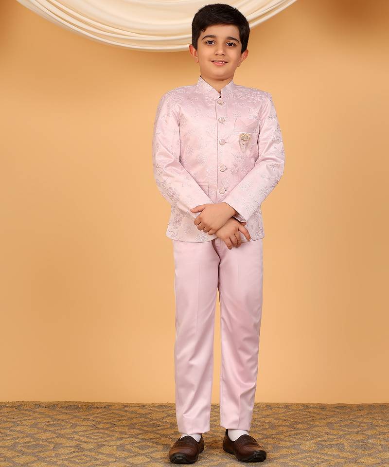 Boys lilac satin floral embroidered bandhgala set