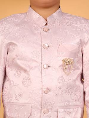 Boys lilac satin floral embroidered bandhgala set 3