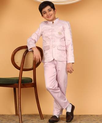 Boys lilac satin floral embroidered bandhgala set 4