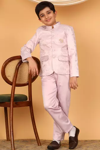 Boys lilac satin floral embroidered bandhgala set