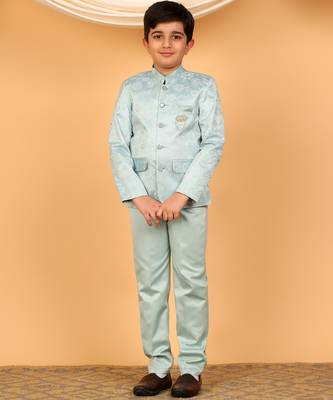 Boys sky blue satin floral embroidered bandhgala set 1