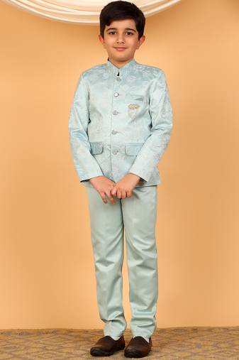 Boys sky blue satin floral embroidered bandhgala set