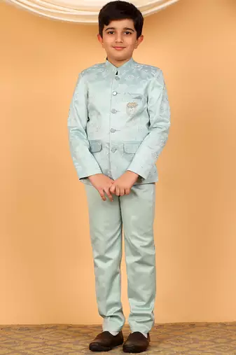 Boys sky blue satin floral embroidered bandhgala set