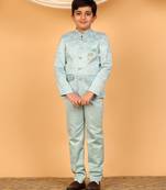 Boys sky blue satin floral embroidered bandhgala set