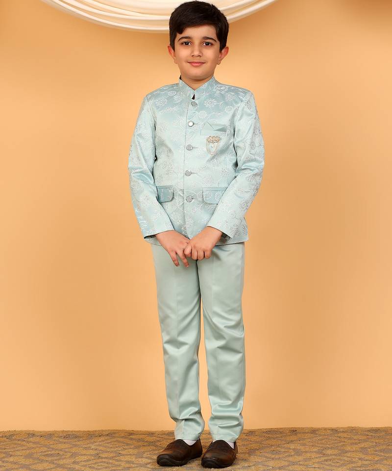Boys sky blue satin floral embroidered bandhgala set