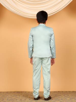 Boys sky blue satin floral embroidered bandhgala set 2