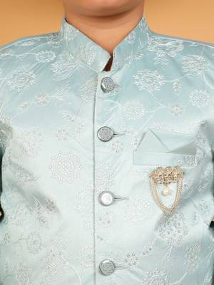 Boys sky blue satin floral embroidered bandhgala set 3