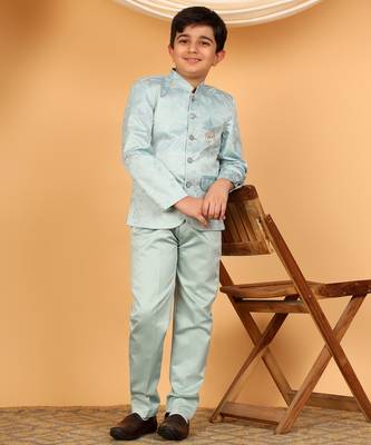 Boys sky blue satin floral embroidered bandhgala set 4